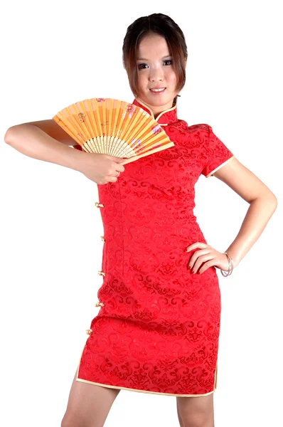 Chinese girl in traditonal dress with fan — Stock Photo, Image