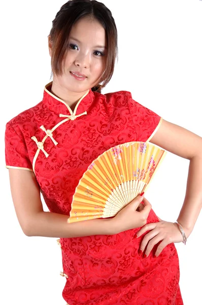 Chiński dziewczynka w tradycyjnych sukni z wentylatorem — Zdjęcie stockowe