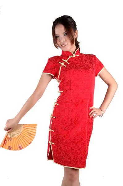 Čínská dívka v šatech tradičními s ventilátorem — Stock fotografie