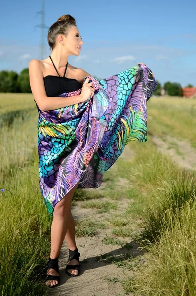Ženský model s barevnými šaty — Stock fotografie
