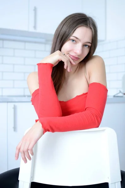 Beautiful Woman Sits Chair Young Woman Apartment Interrior Photo Session — Stockfoto