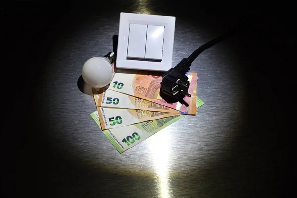 Unknown winter, limited resources and risk of blackouts. Light bulb, switch, plug and Euro banknotes.