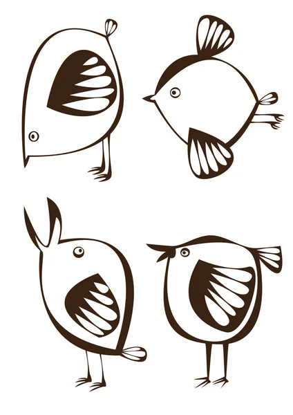 Insieme vettoriale di quattro uccelli dei cartoni animati grafici su sfondo bianco — Vettoriale Stock