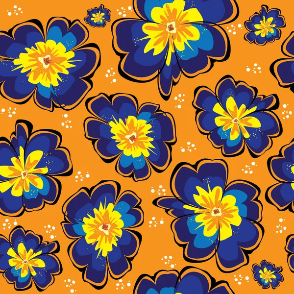 Seamless pattern of blue vector primrose on orange background — Stock Vector