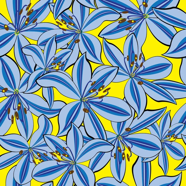 Seamless pattern blue lily on yellow background — Stock Vector