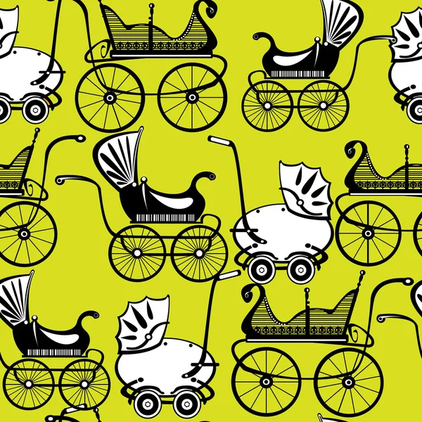 Seamless mönster retro barnvagn på grön bakgrund — Stock vektor