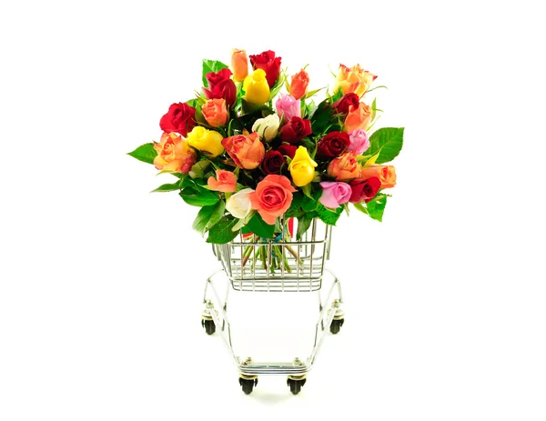 Roses Rainbow in Shopping Cart — Stock Photo, Image