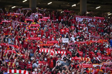 Kallang-Singapore-15JUL2022-Unidentified fan of liverpool in action during pre-season against crystal palace at national stadium,singapore