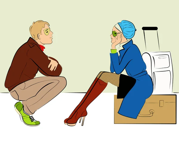 Casal sentado na bagagem esperando por um voo — Vetor de Stock