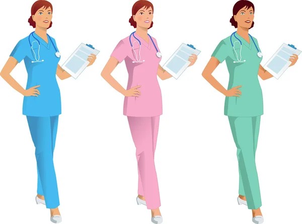 Nurse, doctor, medical assistant in three color variations — Stock Vector