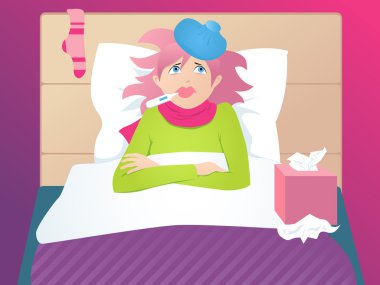 Sick woman in bed taking temperature clipart