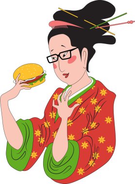 Japon kadın hamburger yemek
