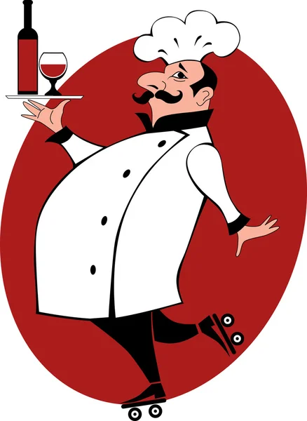 Chef on roller skates bringing wine — Stock Vector