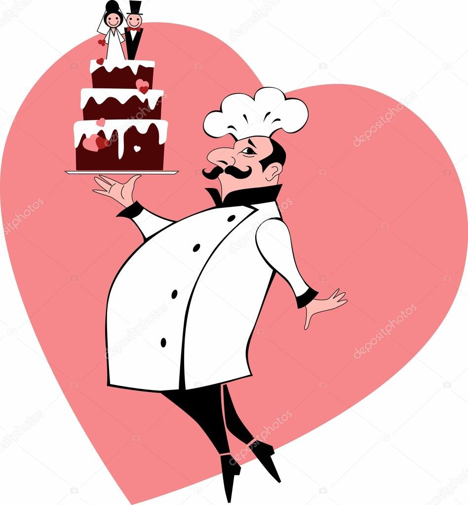 Baker in chef's uniform carrying a wedding cake with bride and groom topping, pink heart on the background