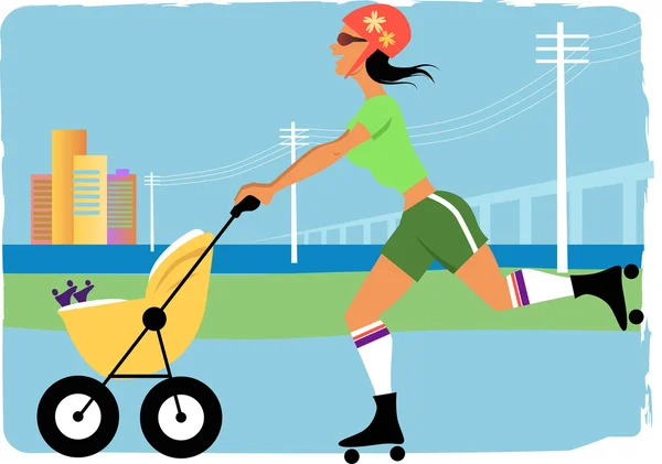 Anne bebek arabası ile jogging — Stok Vektör
