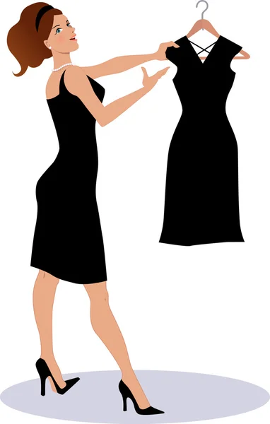 Vendedora mostrando un pequeño vestido negro en una percha — Vector de stock