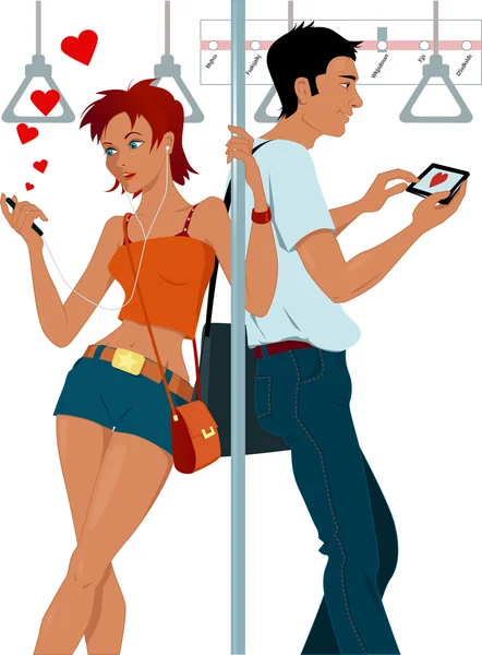 Genç çift sexting metroda — Stok Vektör