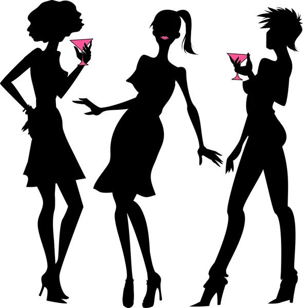 Üç parti kızları silhouettes — Stok Vektör