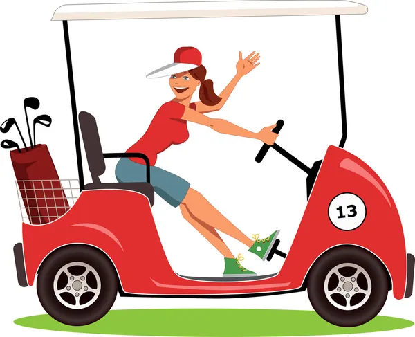 Mujer conduciendo un carrito de golf — Vector de stock