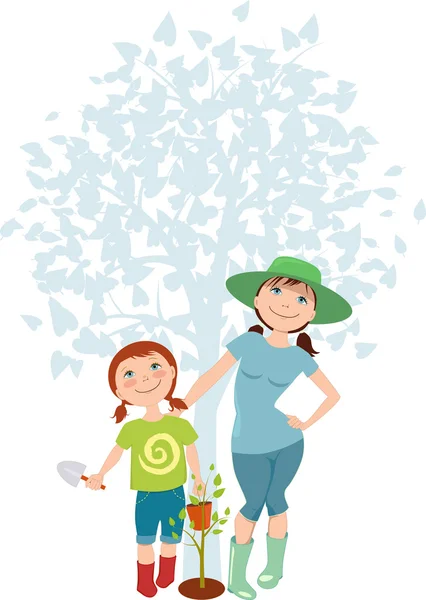 Mother and daughter planting a tree — Stock Vector