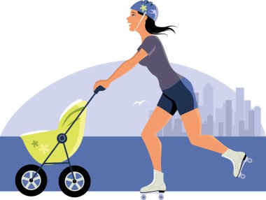 Bir bebek arabası paten ile genç anne