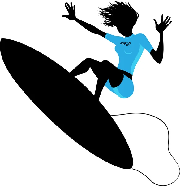 Silhouette d'une femme surfant — Image vectorielle