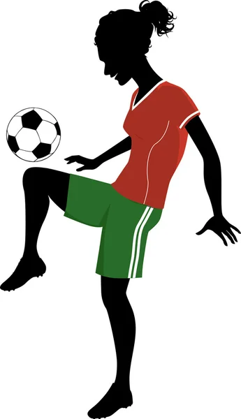 Σιλουέτα ενός έφηβου κοριτσιού που παίζει ποδόσφαιρο ή ποδόσφαιρο — Διανυσματικό Αρχείο