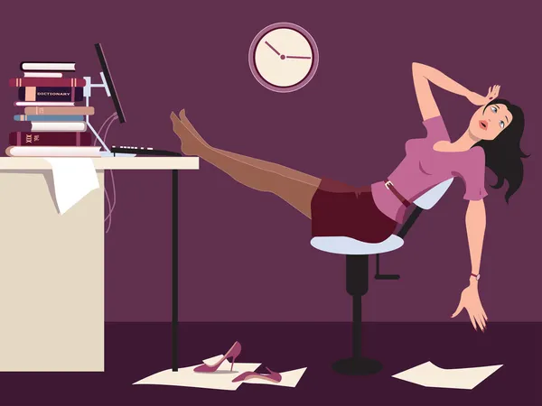 Femme fatiguée travaillant tard au bureau — Image vectorielle