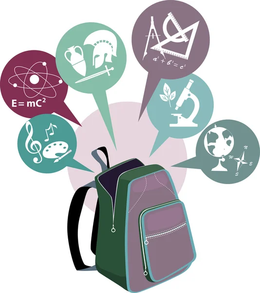 School backpack and symbols of subjects — Stock Vector