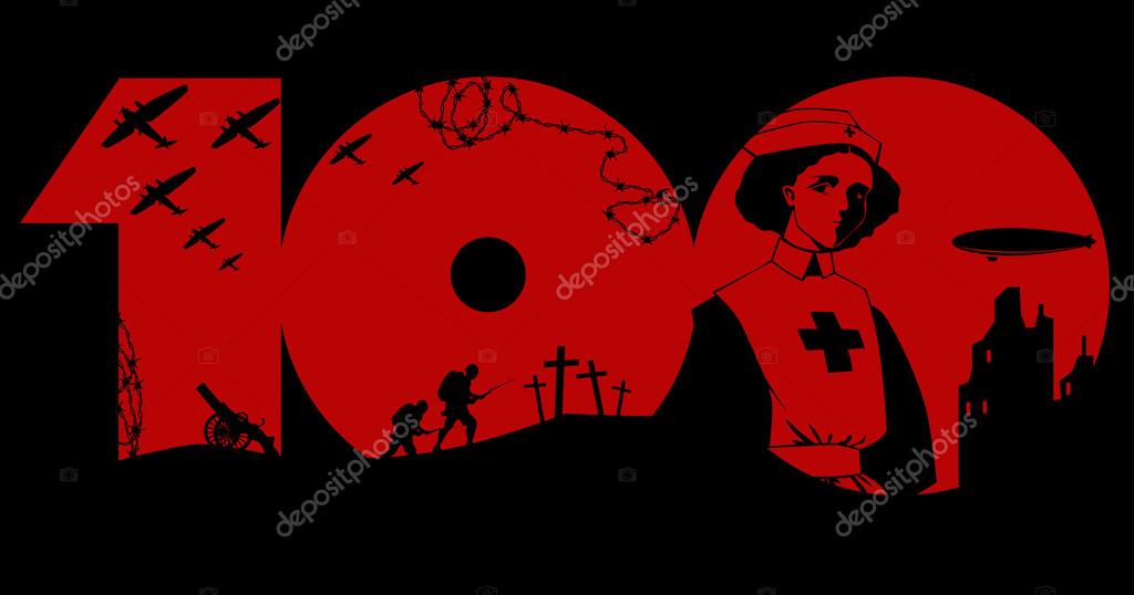 Great War memorial graphic design with black silhouette of period military artifacts and a nurse over red number hundred