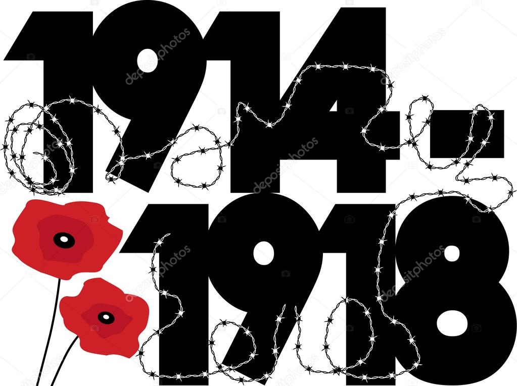 First World War dates in symbolic vector design with poppies and barbed wire