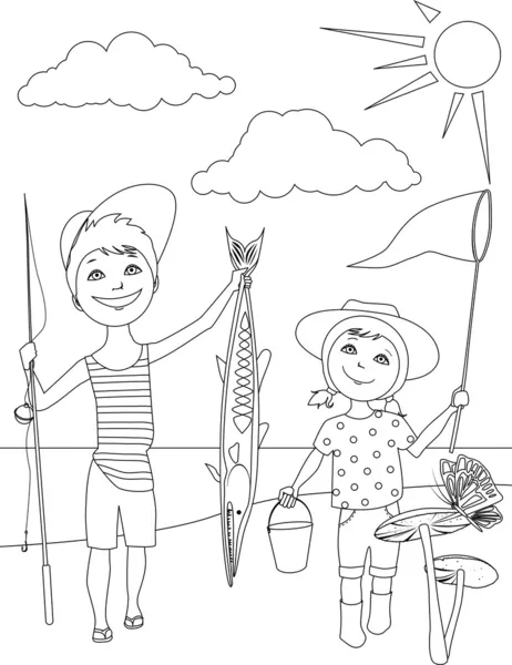 Summer activities for kids coloring page — Stock Vector