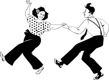 Eski moda dansları yapan Lindy hop ya da swing giyen çift, EPS 8 vektör illüstrasyonu, beyaz nesne yok