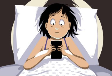 Gece geç saatlerde internet bağımlısı genç kız akıllı telefonunu kontrol ediyor, EPS 8 vektör illüstrasyonu