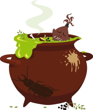 Cadılar Bayramı cadısı, küçülmüş bir kafa ve diğer ürkütücü malzemelerle bir kazanda demlenir. EPS 8 vektör illüstrasyonu. 