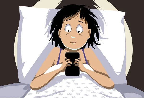 Gece Geç Saatlerde Internet Bağımlısı Genç Kız Akıllı Telefonunu Kontrol — Stok Vektör