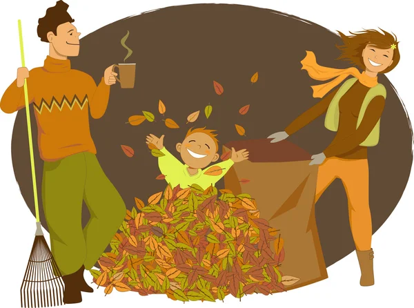 Familia rastrillando hojas de otoño — Vector de stock