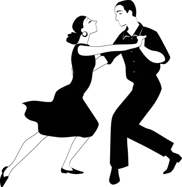 古いファッションで踊るカップルの黒ベクトル線画ブロードウェイスタイル 白いオブジェクトなし Eps — ストックベクタ