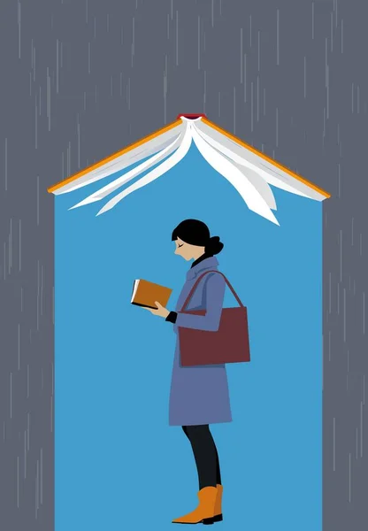 Mujer Joven Leyendo Libro Bajo Libro Gigante Que Cubre Lluvia — Vector de stock