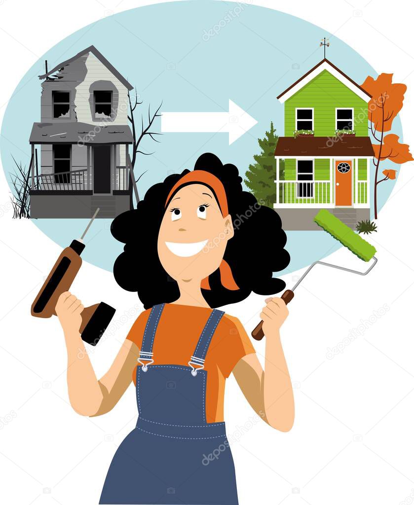 Woman with a drill and a paint roller planning to renovate and flip an old dilapidated house, EPS 8 vector illustration