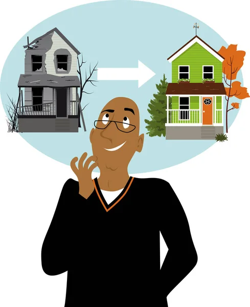 Mature Man Planning Renovate Flip Old Dilapidated House Eps Vector — Stock Vector