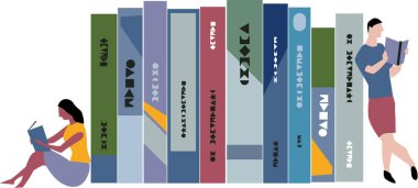 İnsanları, yapay dil başlıkları ve EPS 8 vektör illüstrasyonu olan büyük boy kitapların kitap ucu olarak okumak