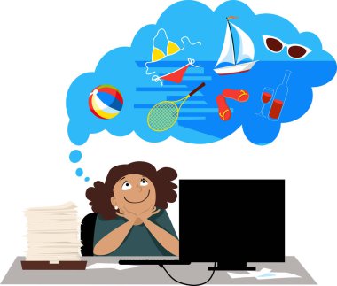 İş yerinde masasında oturan bir kadın, yaz tatilinin hayalini kuruyor, EPS 8 vektör illüstrasyonu