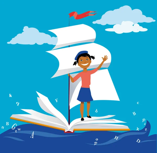Kislány Vitorlázás Egy Könyv Hajó Tengerben Betűkkel Eps Vektor Illusztráció — Stock Vector