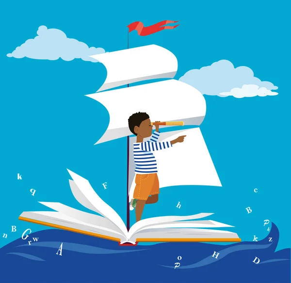 Niño Navegando Barco Libro Mar Con Letras Eps Vector Ilustración — Archivo Imágenes Vectoriales