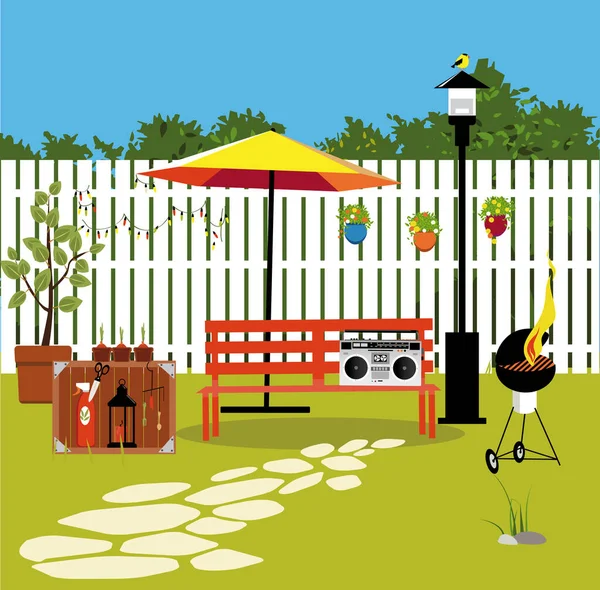 Acogedor Patio Trasero Decorado Con Banco Barbacoa Herramientas Jardinería Eps — Vector de stock