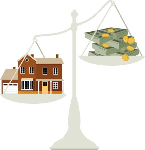 不動産の売り手市場を表すバランススケールの家とお金の山 Eps 8ベクトルのイラスト — ストックベクタ
