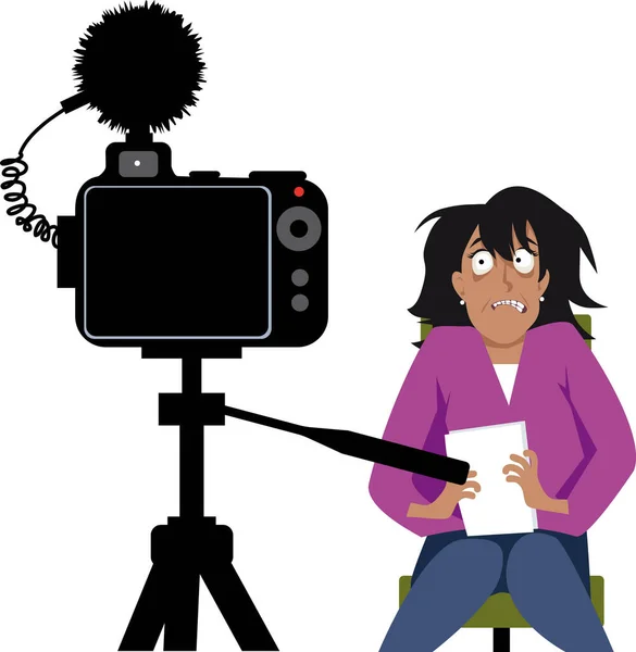 Woman Suffering Camera Anxiety Attempting Make Video Presentation Dslr Photo Stock Illustration