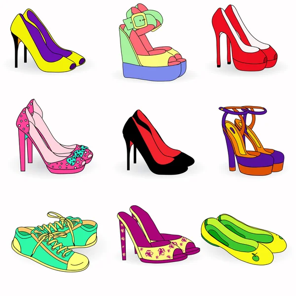 Collection of color fashion woman shoes — Stock Vector
