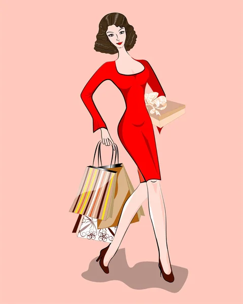 De vrouw met de shopping. — Stockvector